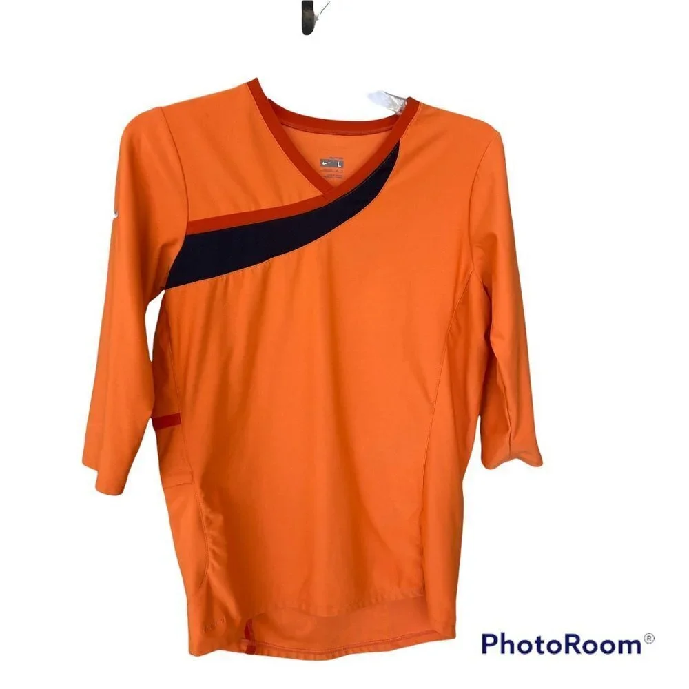 Nike Dri-FIT Orange Black Women Athletic Runner Shirt 3/4 Sleeve Performance Tee - Picture 1 of 10